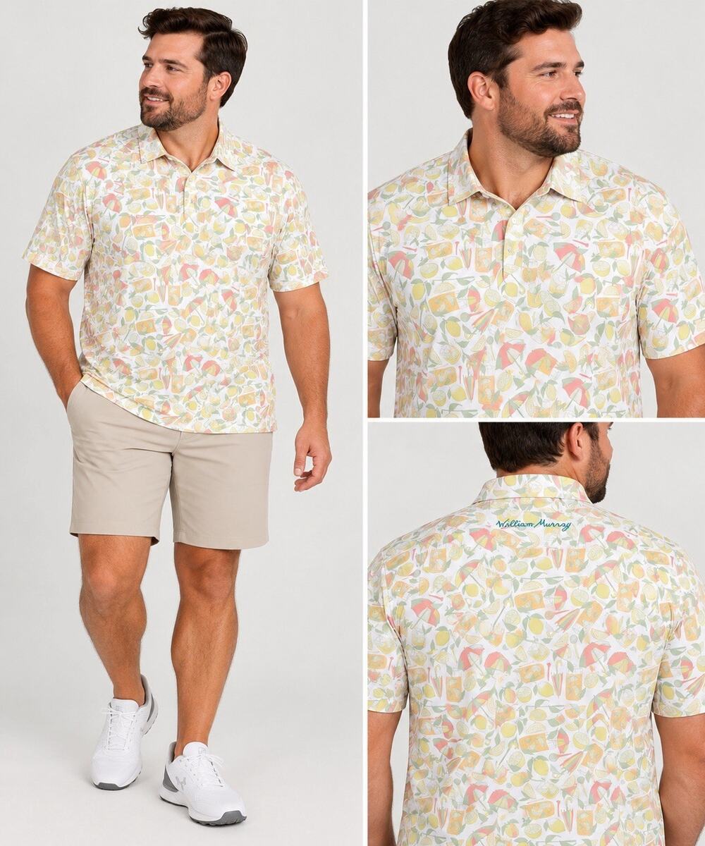 William Murray Golf Men’s XXL Citrus Cocktail Umbrella Print Performance Polo